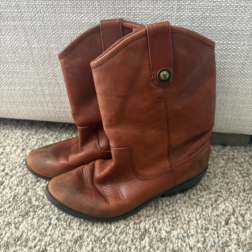 FRYE Melissa Button Cowboy Boots Youth Boys Sz 3 Brown Leather Western Rodeo‎